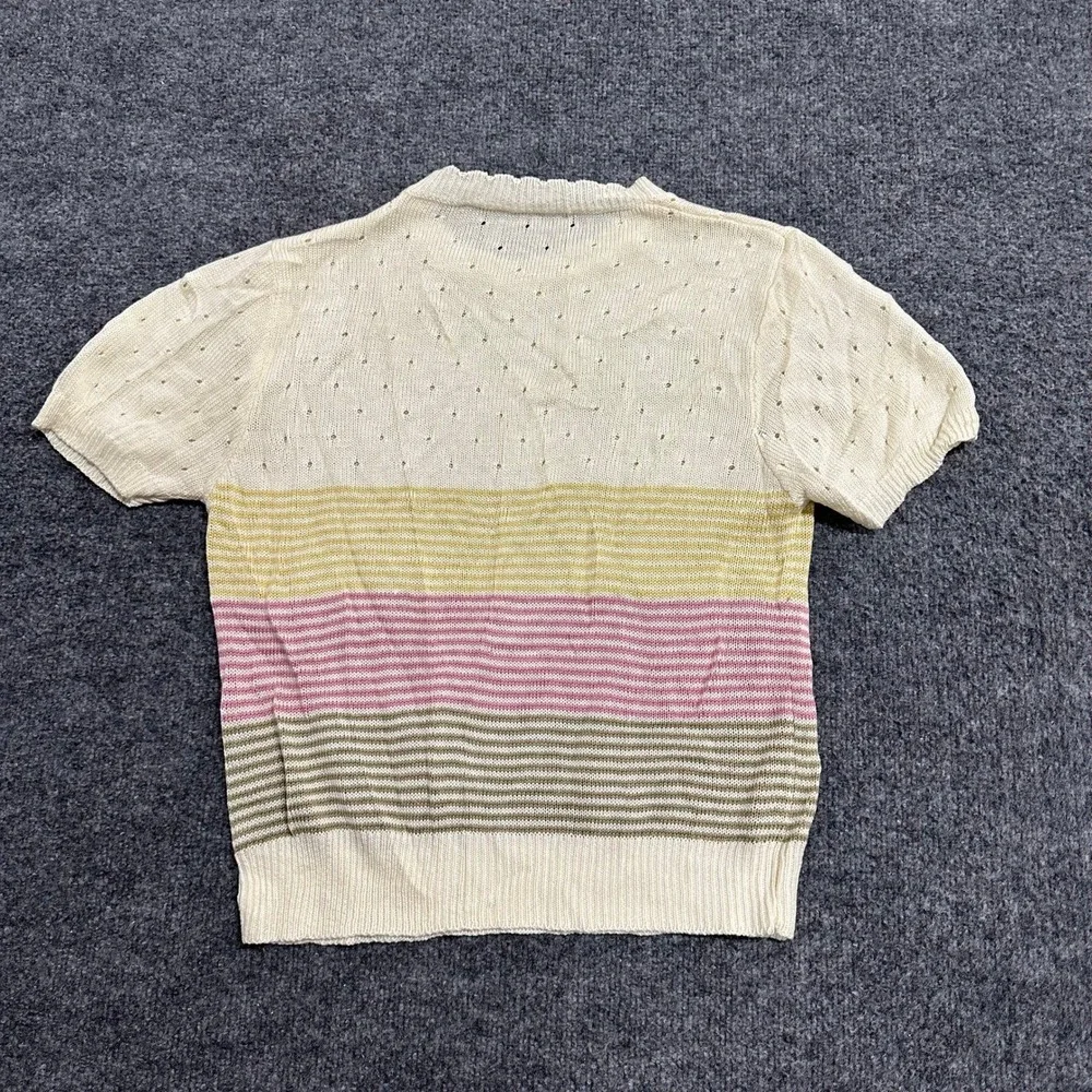 Unbranded Knit Sweater Womens Size S Cream Pastel Stripe Pointelle Short Sleeve